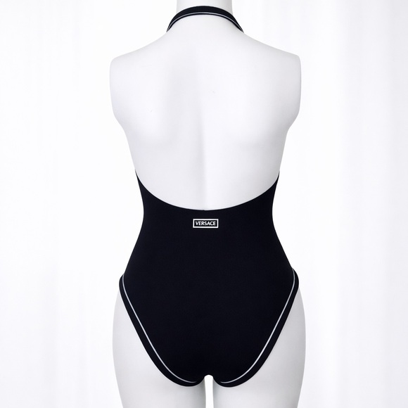 Versace 1990s Black Halter One-Piece Swimsuit White Piping US 8 IT 42 - Picture 5 of 13